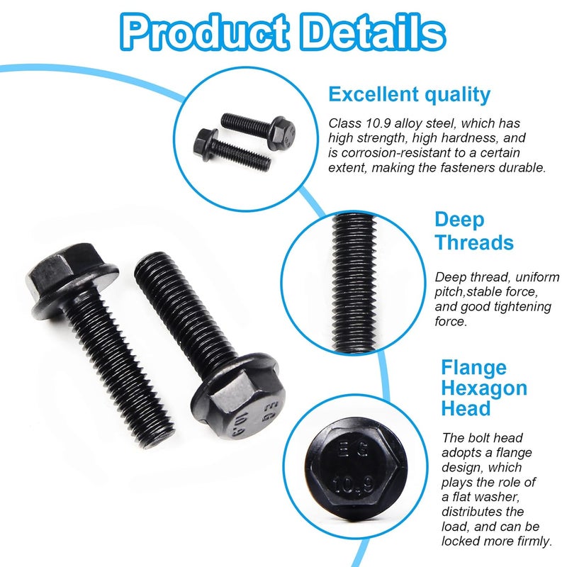 Yinpecly M8-1.25 X 20mm Flanged Hex Head Bolts Flange Hexagon Screws, External Flange Hex Drive Screws,Class 10.9 Black Finish,Alloy Steel, Fully Threaded, 25 PCS - Image 3